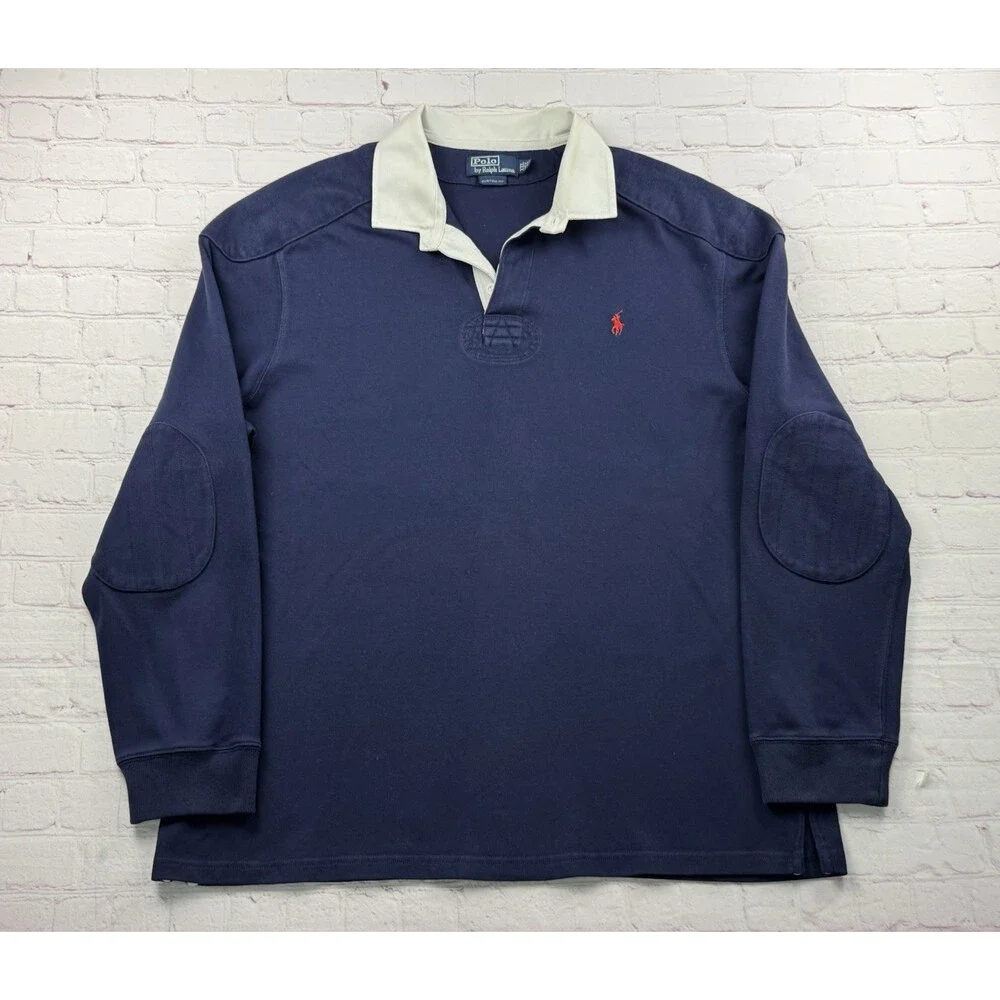 Vintage Polo Ralph Lauren Mens Rugby Polo Shirt Long Sleeve XXL Blue Elbow Patch